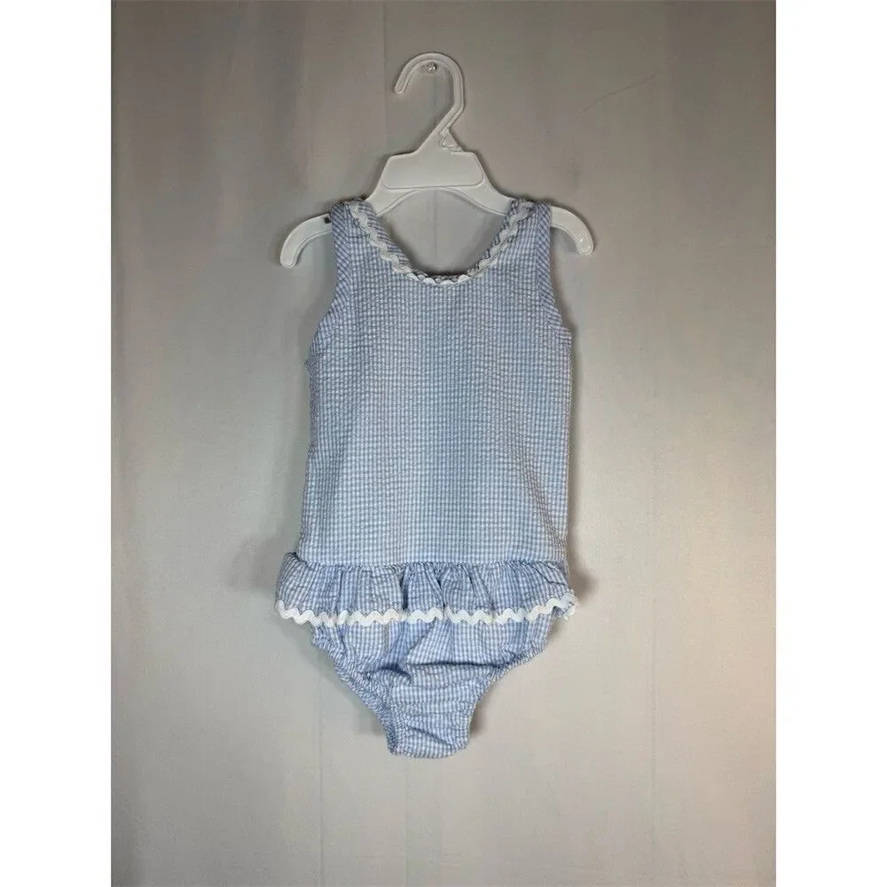 Baby Girls One Piece Swimsuit Size 3T Blue White Gingham Ruffle Skirt